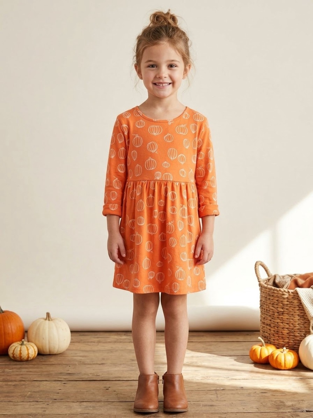 Cat & Jack Orange Long Sleeve Pumpkin Print Dress